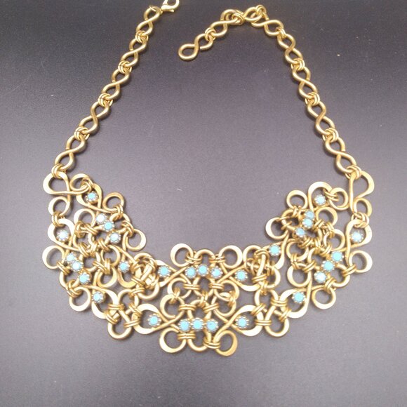 Gold Tone Choker Collar Necklace with Blue rhinestones - Picture 1 of 4